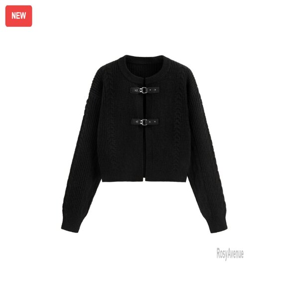 Long Sleeve Cardigan Crop Top with Buckle Detail, Open Front Knit Sweater